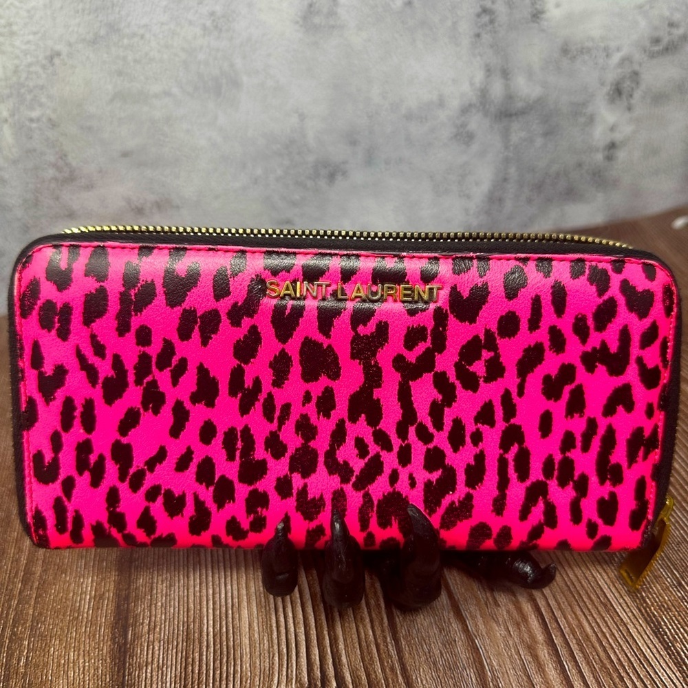 SAINT LAURENT Calfskin Pink Leopard Classic Letters Zip Around Wallet​ EUC RARE​